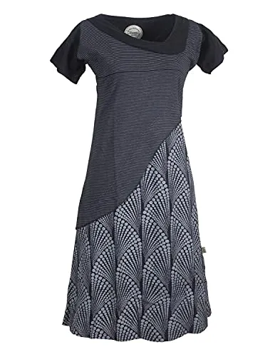 Vishes Damen Kurzarm Lagenlook Kleid - Hippie Streifen Punkte Muster schwarz 36 - Knielanges, kurzärmliges Kleid im alternativen Lagenlook aus dehnbarem Baumwolljersey. Ideal für Freizeit, Büro oder Festivals – sorgt für Bewegungsfreiheit und einen bequemen Sitz.
