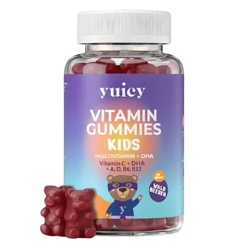 yuicy® Vitamin Gummibärchen Kinder, mit veganem DHA, Vitamin B12, A, B6, C, D - Leckere Vitamine Kinder 2 Jahre, Immunsystem Stärken - Herstellung und Laborgeprüft in Deutschland - 60 Stück