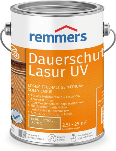Remmers Dauerschutz-Lasur UV Eiche rustikal, 2,5 Liter - Lacke – Hochwertige Medium-Solid-Lasur für dauerhaften UV-Schutz im Außenbereich, ideal für Holzoberflächen ohne Biozide.