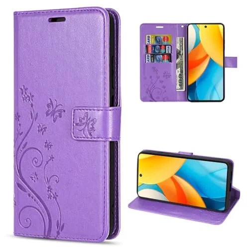 betterfon Handyhülle kompatibel mit ZTE Blade V60 Vita | Premium PU Leder Handy Hülle Wallet Case | Schutzhülle Blumen Klapphülle | Lila