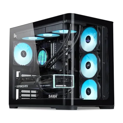 SAMA V60 Mid Tower PC-Gehäuse, Geschwungene Glasfront, 7×120mm ARGB PWM Lüfter, USB Type-C, Hochdurchsatz ATX PC-Gehäuse für Gaming-PC, Back-Connect Ready, 360mm AIO Unterstützung – Schwarz