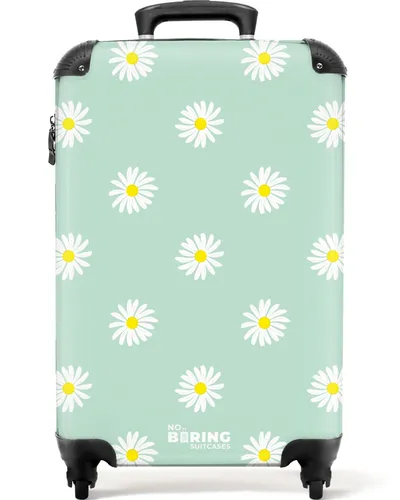 NoBoringSuitcases.com© Hartschalen-Trolley Pastellgrün mit Gänseblümchen - Hartschalenkoffer, stylischer Handgepäck-Trolley mit 360°-Rollen und TSA-Zahlenschloss, ideal für trendbewusste Reisende.