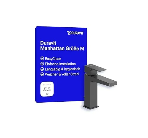 Duravit Manhattan wassersparende Waschtischarmatur, Größe M (Auslauf Höhe 116 mm), Wasserhahn Bad mit Zugstangen-Ablaufgarnitur, Armatur Waschbecken, Schwarz Matt