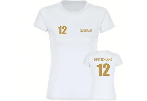 multifanshop T-Shirt Damen Deutschland - Trikot Nummer 12 Gold - Fußball-Fanartikel, sportliches Damen T-Shirt aus 100% Baumwolle, ideal für echte Fans und perfekte Unterstützung für die deutsche Nationalmannschaft.