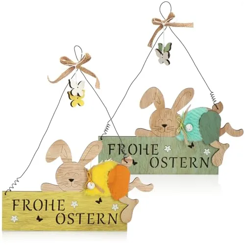 com-four® 2x Türschild "FROHE OSTERN" - Deko-Schild aus Holz für Ostern - Osterdeko mit Osterhase - Hänge-Deko für Haustüren, Wände, Fenster (rosa/grün - 02 Stück)