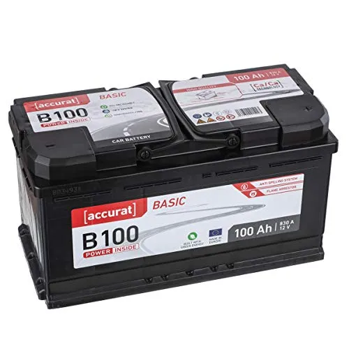 Accurat Basic B100 Autobatterie - 12V, 100Ah, 830A, zyklenfest, wartungsfrei, 30% mehr Startleistung, Ca-Technologie, Pluspol rechts- Starterbatterie, Nassbatterie, Blei-Säure Batterie