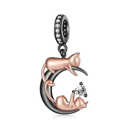 Katze Mond Anhänger Charms für Pandora Armbänder, 925 Sterling Silber Schwarz plattiert Herz Charms, Schmuck Geschenk für Frauen Mädchen