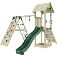 OutdoorToys Spielturm - Dunkelgrün - Schaukel und Spielturm aus robustem Holz, ideal für Kinder ab 3 Jahren, fördert die motorischen Fähigkeiten und sorgt für stundenlangen Spielspaß im Garten.