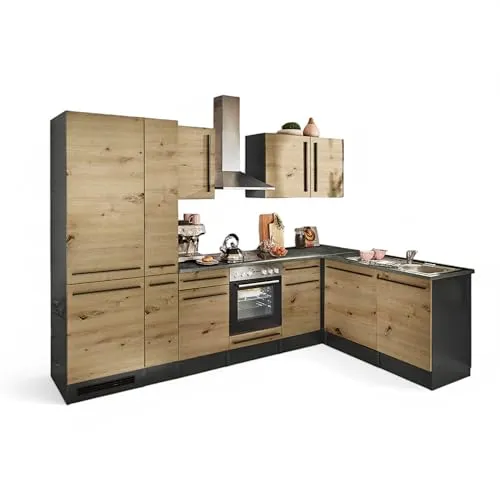 Jazz 8 Moderne Eckküche ohne Elektrogeräte in Anthrazit, Artisan Eiche Optik - Geräumige L-Form Küchenzeile mit viel Stauraum - MODERN & PLATZSPAREND - In stilvollem Anthrazit und Artisan Eiche Optik, bietet diese Küchenzeile optimale Aufbewahrungsmöglichkeiten. Mit einer einfachen Montage ist sie ideal für jede Küche. Maße: 310 x 211 x 60 cm (B/H/T).
