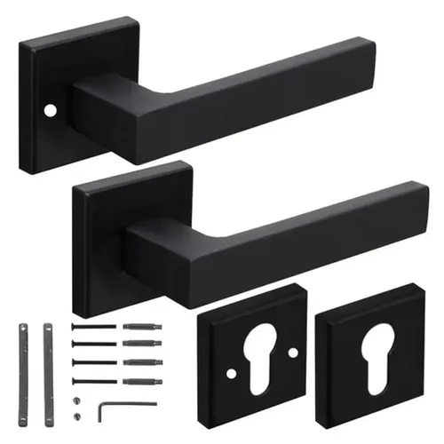 Türgriff Türklinke Drückergarnitur mattschwarz inkl. Schlossabdeckungen - Türsicherungen für Innentüren, elegantes mattes Finish und quadratische Form für modernen Wohnstil, inklusive Befestigungsmaterial.
