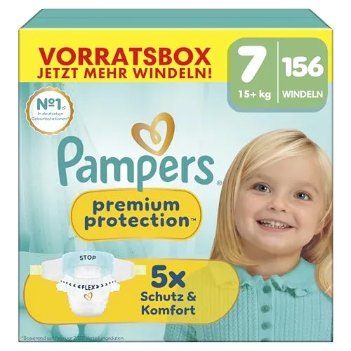 Pampers Premium Protection Größe 7, 156 Windeln - Hochwertige Windeln für Babys über 15 kg, mit flexiblem Bauchbündchen für optimalen Sitz. Der super saugfähige Kern und die Sicherheitsbeinbündchen bieten zuverlässigen Schutz vor Auslaufen.