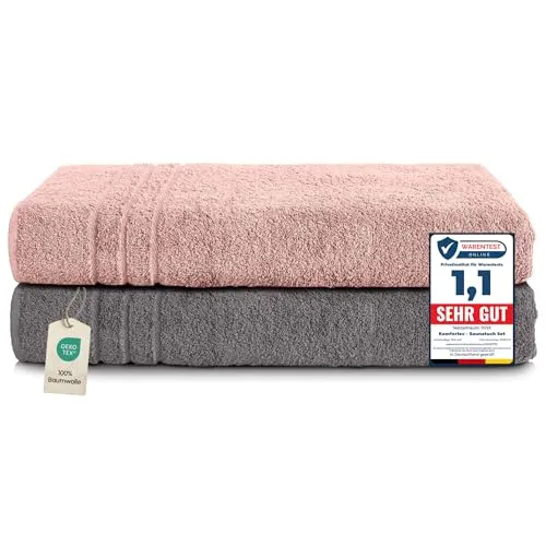 Komfortec 2er Saunatuch Set 80x200 cm - XXL Saunatücher aus 100% Baumwolle - Saunatücher in Anthrazit Grau/Blütenrosa, hautsympathisch und schnelltrocknend. Ideal für Sauna, Spa und Wellness. Hochwertige Qualität nach Öko-Tex Standard 100.