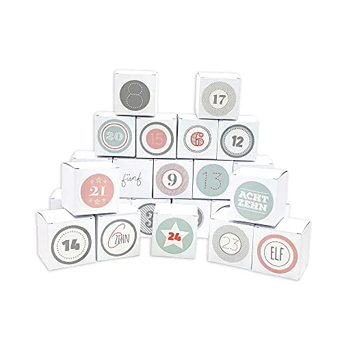 Frau WUNDERVoll® DIY Adventskalender Vorfreude zum Befüllen, 24 Faltschachteln weiß 7(L) x7(B) x7(H) cm (gefaltet), XL Ziffern pastell/Weihnachten, Aufkleber, Würfelbox, Faltverpackung, Schachteln