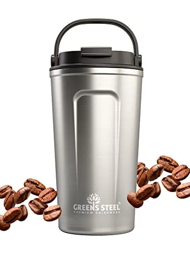 Greens Steel Wiederverwendbarer Kaffeebecher To Go - 480 ml, Silber I Trinkbecher mit Deckel & Griff I Edelstahl Thermobecher für Heiß- & Kaltgetränke I Auslaufsicherer Mug für Tee, Kaffee I BPA-Frei