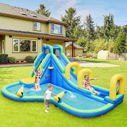 Aufblasbare Hüpfburg Wasserspielcenter für Kinder - Hüpfburg mit Wasserrutsche und Spielpool, ideal für den Sommer-Spaß im Garten und fördert die motorischen Fähigkeiten der Kinder.