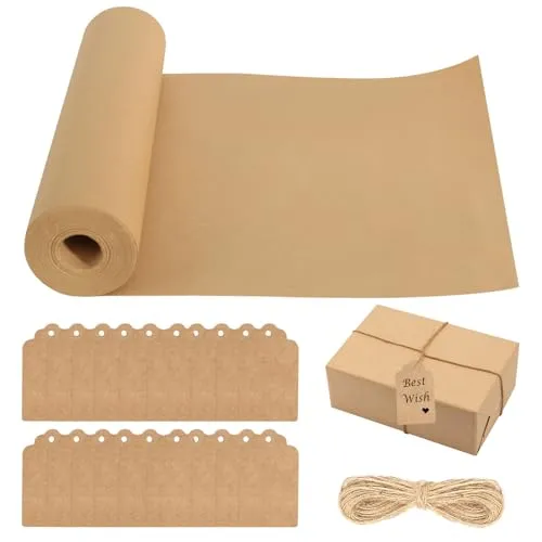Braun Packpapier Kraftpapier Rolle, 30cm x 30 m Packpapier rolle Kraftpapierrolle mit 20 M Schnur 100 Karten, Geschenkpapier Geschenkverpackung Verpackung für Kunsthandwerk Geschenk