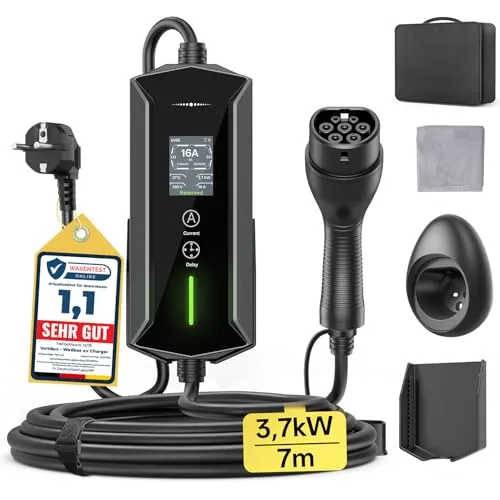 Typ 2 Ladekabel Schuko 3,7kW - 7m | 6-16A | Tragbares EV Ladegerät mit LCD-Anzeige - Schnelles und flexibles Laden mit bis zu 3,7kW. Das 7m lange Kabel ist ideal für die Nutzung zu Hause oder unterwegs und bietet eine einstellbare Ladeleistung für maximale Flexibilität.