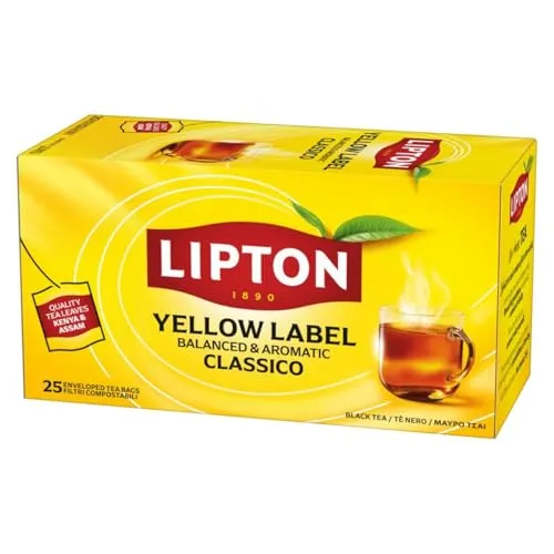 Lipton | Yellow Label | Schwarzer Tee | mit handgepflückten Schwarzteeblättern | pflanzenbasierte, einzeln verpackte Teebeutel | Rainforest-Alliance zertifiziert | 1er Pack | 25 Teebeutel