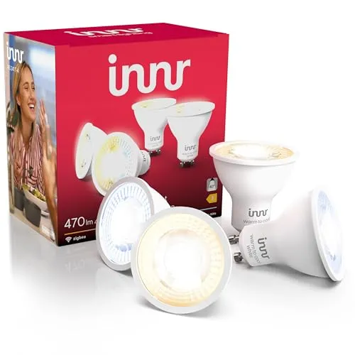 Innr GU10 Zigbee Smart Lampe 4-pack - Energiesparlampen mit dimmbarem Licht von 2200K bis 6500K, kompatibel mit Hue* und Amazon Echo, ideal für eine einladende Atmosphäre und einfache Smart Home Steuerung.