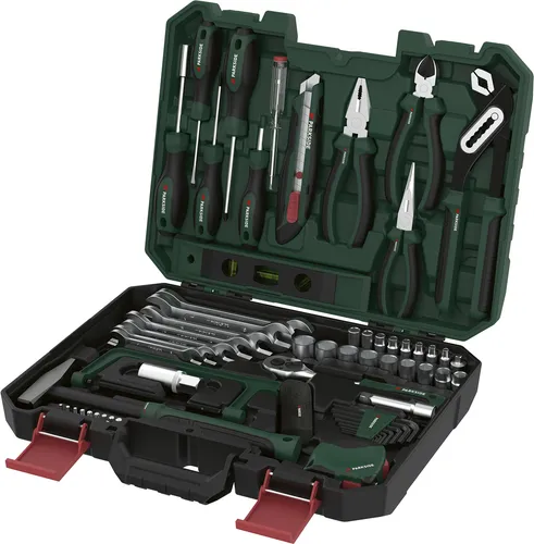 PARKSIDE® Werkzeugkoffer, 95-teilig - Praktischer und stabiler Werkzeugkoffer mit 95-teiligem, umfangreichem Sortiment für Zuhause und Werkstatt. Ideal für präzise Arbeiten dank Wobble-Funktion und gut erkennbare Größen durch Lasermarkierungen.