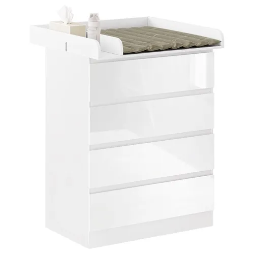 Woltu Wickelkommode mit abnehmbarem Wickelsatz - Wickeltisch mit 4 Schubladen, abnehmbarer und wasserdichter Wickelauflage, ideal für praktischen und stilvollen Stauraum im Babyzimmer.