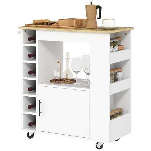 HOMCOM Küchenwagen Servierwagen mit Soft-Close-Scharnieren - Stylischer Servierwagen aus Eiche mit großzügigem Stauraum, sechs Weinregalen und einer robusten Kautschukholz-Arbeitsplatte. Ideal für Küche, Esszimmer oder Bar.