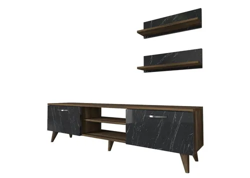 moebel17 Vitrine Wohnwand Ayden - Walnuss Dunkelgrau (Marmor Optik) - Vitrinenschrank im modernen Design, bietet viel Stauraum und ist leicht selbst zu montieren. Verleihen Sie Ihrem Wohnzimmer mit der eleganten Wohnwand Ayden ein neues Flair.