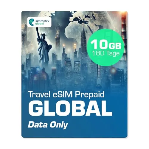Simmetry Global Daten eSIM 10GB - SIM-Karten mit 10GB High-Speed-Daten, sofortiger Aktivierung durch QR-Code und ideal für lange Reisen oder dauerhafte Nutzung.