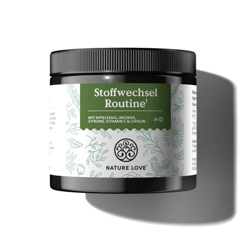 NATURE LOVE® Stoffwechsel Routine 150g – Veganer Stoffwechseldrink mit Apfelessig, Ingwer & Zitrone - Starte frisch in den Tag mit unserer Stoffwechsel Routine! Einfach in Wasser einrühren und genießen. Schmeckt fruchtig und erfrischend – ideal für deinen Morgenkick! Reicht für 30 Portionen.