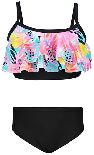 Aquarti Mädchen Bikini Set Bustier Bikinislip Zweiteiliger Badeanzug, Farbe: 030I mit Rüschen/Blätter/Rose/Gelb/Schwarz, Größe: 146