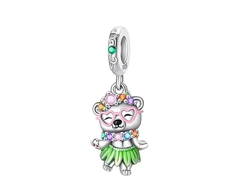 Wunderschön Glitzernder Hawaii Hula Bär mit Blumenkranz Zirkonia Tanzbär USA Teddy Bärchen Bär Stofftierbär - Charm 925 Sterling Silber Armband Bettelarmband Kette Anhänger