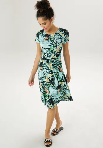 Aniston Selected Sommerkleid mit extravagantem Druck, Gr. 40 - Sommerkleid in gletscher-schwarz-grün-orange mit kreativem Blumendruck. Jedes Kleid ein Unikat, figurbetonend und aus bequemem Viskose-Elasthan-Mix.