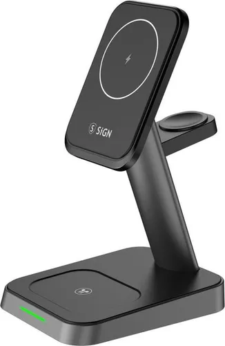 SIGN 3-in-1 Wireless MagSafe Ladegerät für iPhone, Apple Watch, Airpods - Praktischer 3-in-1 Ladehalter mit MagSafe-Technologie für schnelles Laden von iPhone, Apple Watch und Airpods. Ideal für einen aufgeräumten Schreibtisch und effizientes Laden.