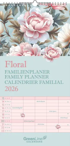 GreenLine Floral 2026 Familienplaner - Familien-Kalender - Kinder-Kalender - 22x