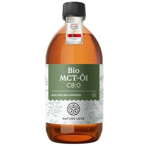 Bio MCT-ÖL C8:0 500 ml - Nature Love - Nahrungsergänzungsmittel mit reinem C8:0 MCT-Öl, perfekt für Energie und Konzentration. Ideal für die ketogene Ernährung und zur Unterstützung des Stoffwechsels.