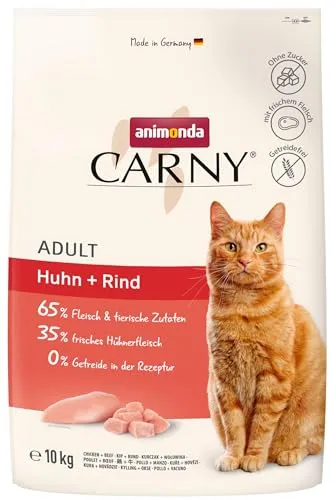 Animonda Cat Trocken Carny Adult Huhn & Rind 10kg - Katzenfutter mit 65 % Fleischanteil, ideal für empfindliche Katzen. Ohne Getreide und reich an frischem Hühnerfleisch für unvergleichlichen Genuss und leichte Verdaulichkeit.