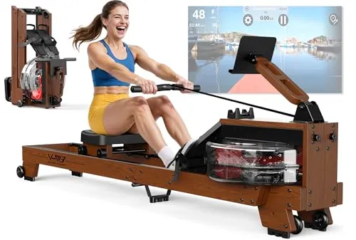 ORISYN Rudergerät für Zuhause - Hochwertiges Holzdesign, Bluetooth-fähig - Rudergerät aus Eichenholz mit Wasserwiderstand, ideal für Nutzer von 1,2 bis 2 m Größe, bis 175 kg belastbar, zusammenklappbar für platzsparende Aufbewahrung.