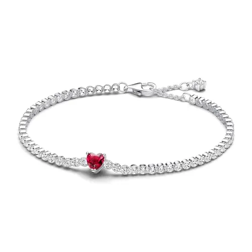 PANDORA Timeless Rotes Funkelndes Herz Tennisarmband - Armbänder für Damen, zeitloses Design mit rotem Kristall und funkelnden Steinen für elegante Akzente – das perfekte Geschenk für deine Liebste.