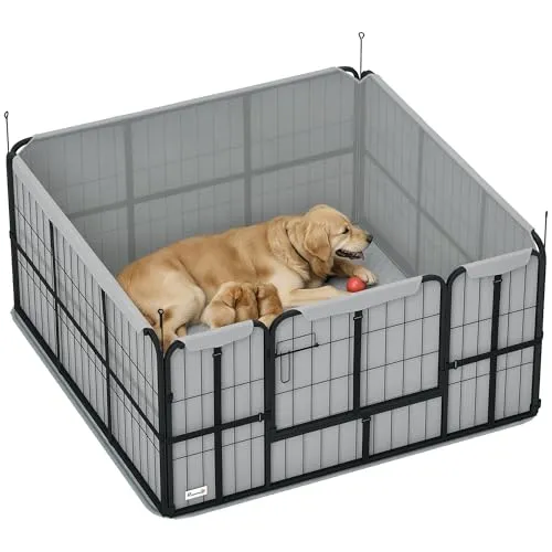PawHut Laufgitter Wurfbox für Welpen - 122x122 cm, Schwarz - Praktische Wurfbox aus winddichtem Oxford-Gewebe mit waschbarer Unterlage. Ideal für mittelgroße und große Hunde, einfach umwandelbar und zerlegbar für flexiblen Einsatz.