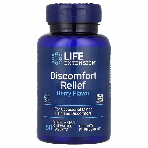 Life Extension Discomfort Relief (Berry Flavor) - 60 Kautabletten - Nahrungsergänzungsmittel zur Linderung von gelegentlichen leichten Schmerzen mit 600 mg PEA in leckerem Beerengeschmack, ideal für eine bequeme Anwendung.