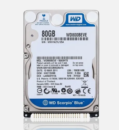 WD Blue Scorpio 80GB Festplatte - 2,5 Zoll HDD mit 5400 U/min, ideal für Laptops und PCs. Mit 8 MB Cache und 3 Jahren Herstellergarantie bietet sie zuverlässigen Speicherplatz.