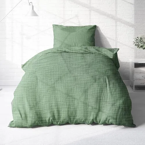 Träumschön Musselin Bettwäsche Set 135x200 & 80x80 Grün - Bettwäsche-Set aus 100% Baumwolle, weich und luftig für erholsamen Schlaf, pflegeleicht und langlebig, perfekt für eine stilvolle Schlafzimmer-Oase.