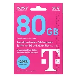 Telekom MagentaMobil Prepaid XL SIM-Karte mit 80 GB Datenvolumen - Nutze die Telekom MagentaMobil Prepaid XL SIM-Karte mit 80 GB Highspeed-Daten im 5G-Netz. Ideal für Vielsurfer, inklusive EU-Roaming. 20 € Startguthaben für deine ersten Schritte.