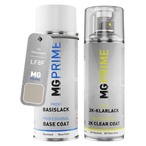 MG PRIME Autolack 2K Spraydosen Set für Volkswagen VW LF8F / F8F Sahara Beige Metallic Basislack 2 Komponenten Klarlack Sprühdose