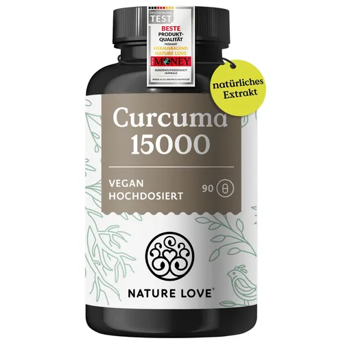 Curcuma 15000 Kapseln - Nature Love - Nahrungsergänzungsmittel mit 15000 mg Curcuma pro Tagesdosis, unterstützt die Gesundheit und das Wohlbefinden - 90 Kapseln für eine langanhaltende Versorgung.