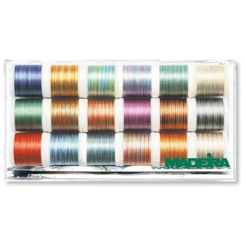 Madeira Stickbox Polyneon Multi No.40 - 18 Farben - Nähgarne in 18 leuchtenden Farben, ideal für kreative Projekte. Strapazierfähiges Polyester für Näh- und Stickmaschinen.