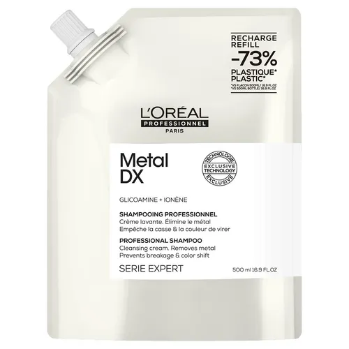 L’Oréal Professionnel Serie Expert Metal DX Reinigungsshampoo 500 ml - Reinigungsshampoo für Damen, 500 ml. Entfernt sanft Rückstände und Talg, bereitet Haar und Kopfhaut optimal auf die Pflege vor und verlängert die Haltbarkeit der Haarfarbe.