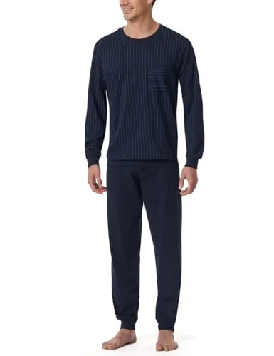 Schiesser Herren Schlafanzug Lang mit Bündchen - Dunkelblau Pyjamaset - Schlafanzüge für Herren, mit komfortablen Bündchen für optimalen Tragekomfort und einer praktischen Brusttasche.