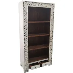 Vintage Regal Bücherregal 192cm - Handgefertigtes Unikat - Elegantes Bücherregal aus 100% handgearbeitetem Mangoholz im orientalischen Stil. Mit einzigartigen Verzierungen und zwei Schubladen bietet es Stauraum und Stil für jedes Zuhause.