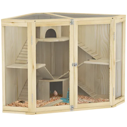 Hamsterkäfig aus Holz mit 4 Ebenen - Käfige, Auslauf & Gehege – Geräumiger Hamsterkäfig aus Tanne mit Fütterungsstation und Wippe, ideal für artgerechte Haltung und Spielspaß.